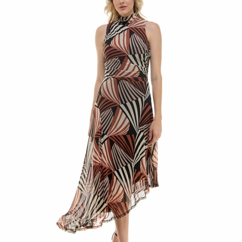 NWT Taylor Mesh Mock Turtleneck Asymmetric Hem Side Ruched Midi Dress-Size 16